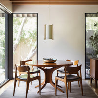 JAPANESE MID CENTURY MAPLE PENDANT IN DINNING ROOM WITH WOOD TABLE AND CHAIRS