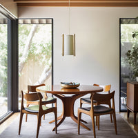 JAPANESE MID CENTURY MAPLE PENDANT IN DINNING ROOM WITH WOOD TABLE AND CHAIRS
