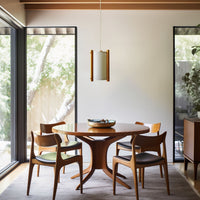 JAPANESE MID CENTURY TEAK PENDANT IN DINNING ROOM WITH WOOD TABLE AND CHAIRS