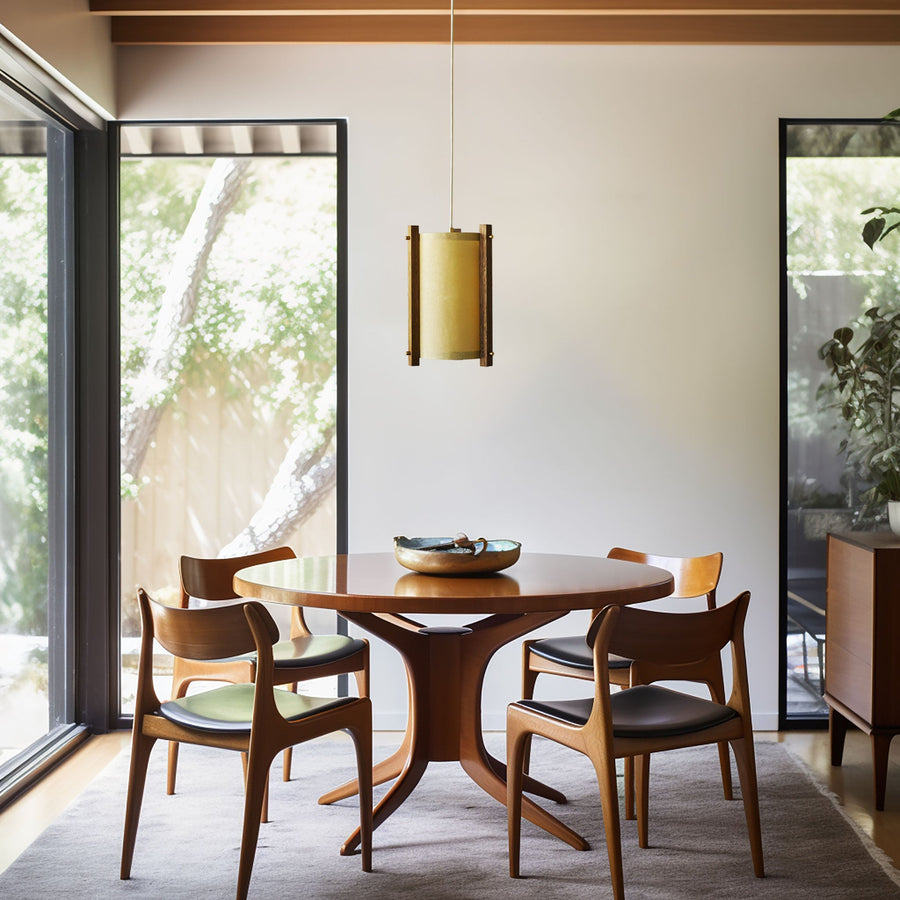 JAPANESE MID CENTURY WALNUT PENDANT IN DINNING ROOM WITH WOOD TABLE AND CHAIRS