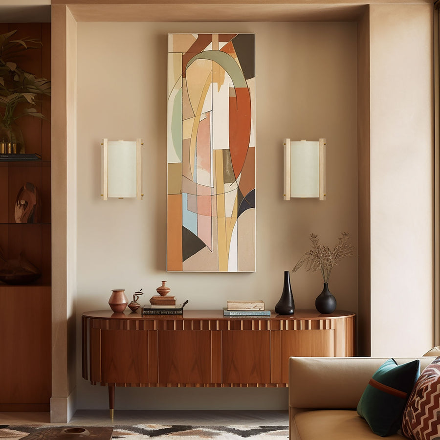 Oil Paper and Brass Maple Sconce on walls over credenza and painting