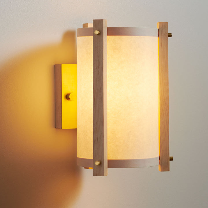 Oil Paper and Brass Maple Sconce left side illuminated