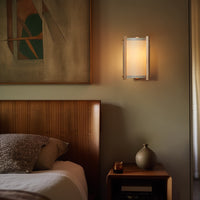 Oil Paper and Brass Maple Sconce on bedroom wall with bed and painting