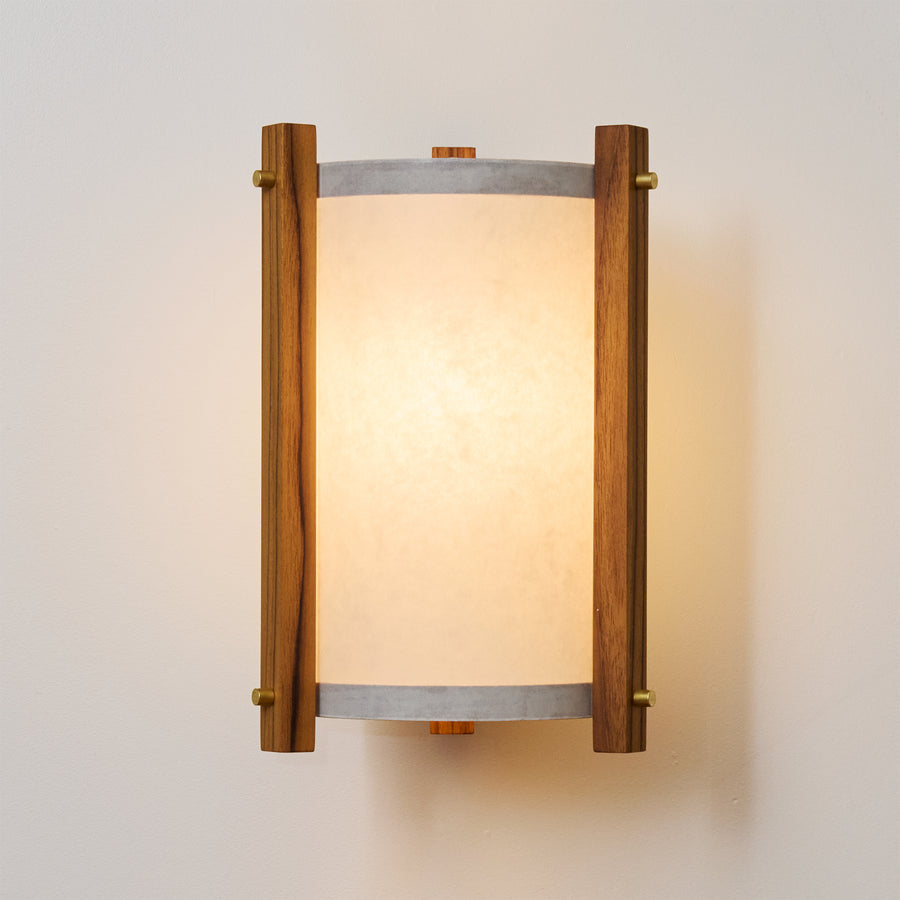 Teak White Sconce Front View Illuminated