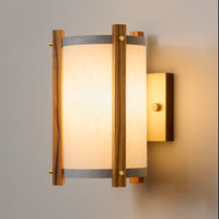 Teak White Sconce Side View Illuminated