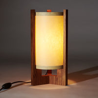 Japanese Mid Century Teak Table Lamp illuminated with Sand lampshade