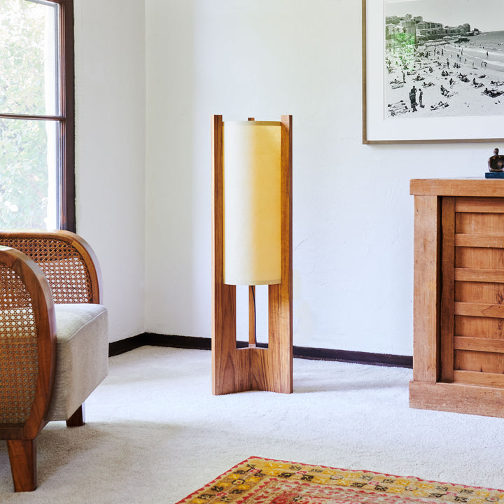 Teak Floor Lamp in corner with rug chair window and dresser