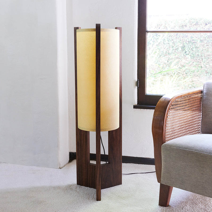 Walnut Floor Lamp next to window and chair